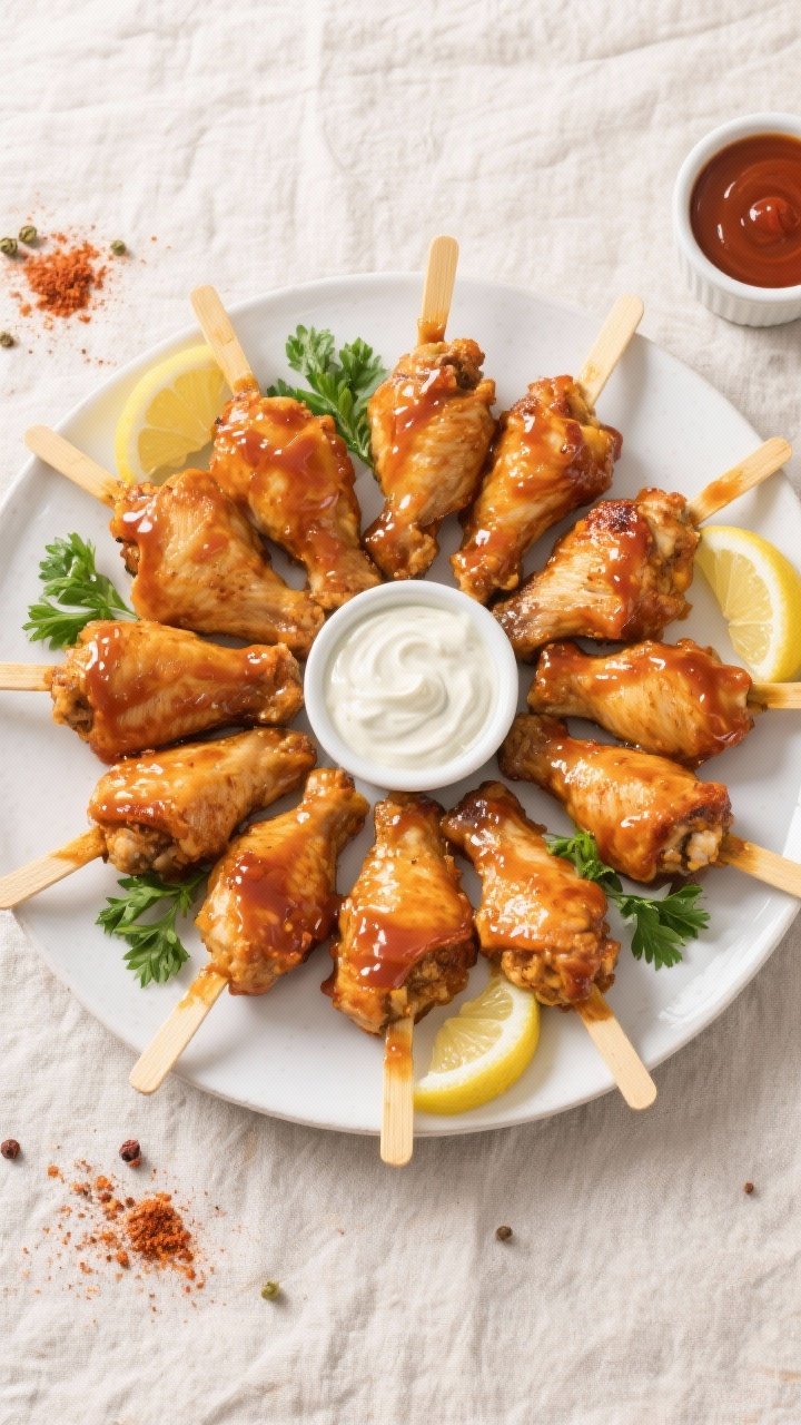 Tasty top view: Platter of finished air fryer chicken lollipops arranged in a circular fan on a matt
