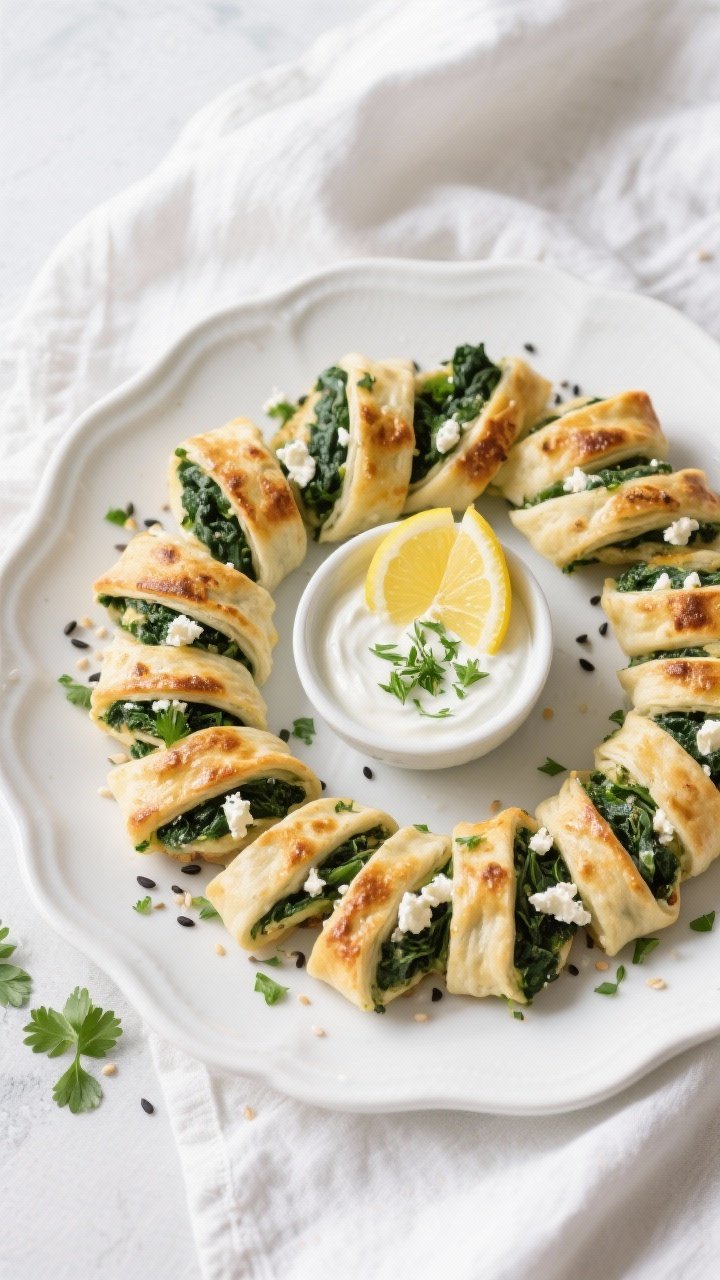 Tasty top view: Platter of finished Spinach and Feta Twists arranged in a loose spiral on a white ce