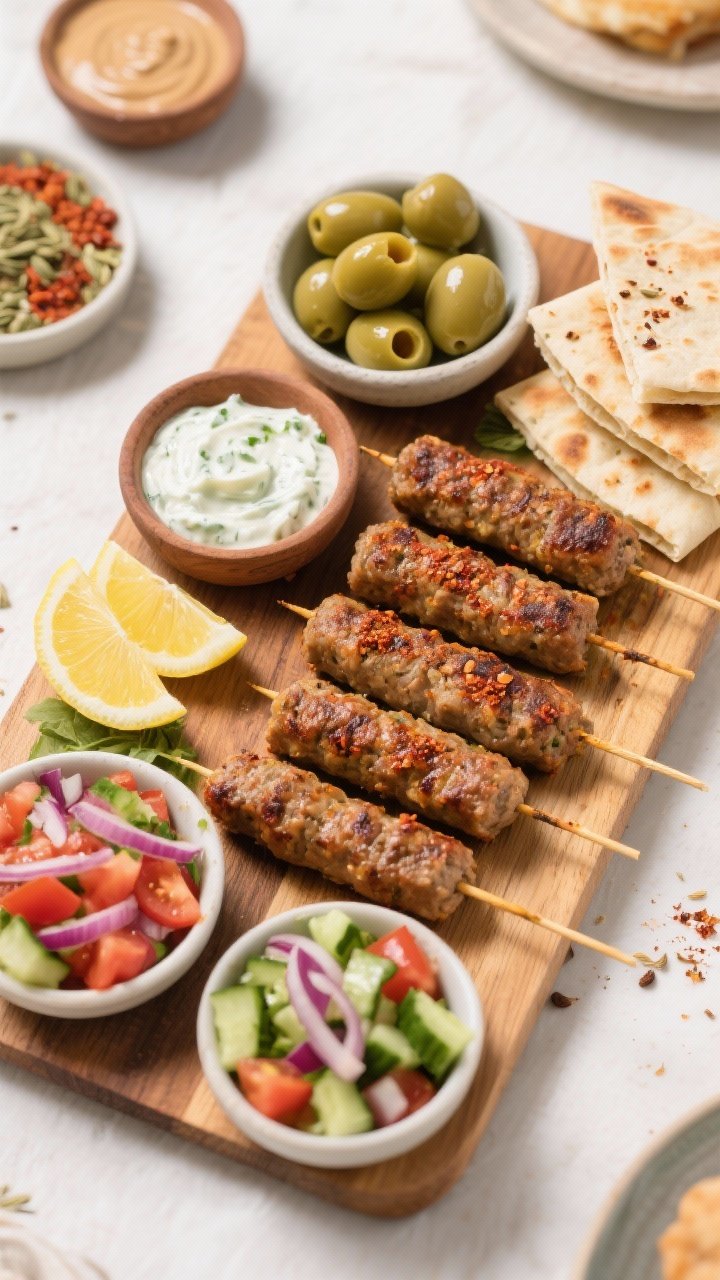 Tasty top-view platter: Overhead shot of a build-your-own kofta spread—8 cooked kofta logs without