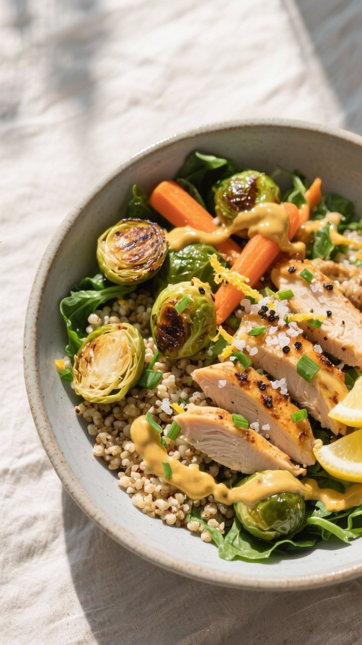 Tasty top view — Salad application: Overhead shot of a vibrant grain-and-greens bowl topped with r