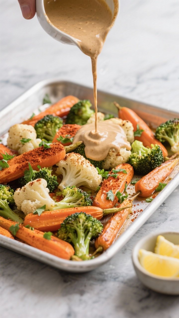 Tasty top-view shot: Overhead drizzle moment of warm tahini sauce (heavy-cream consistency) flowing