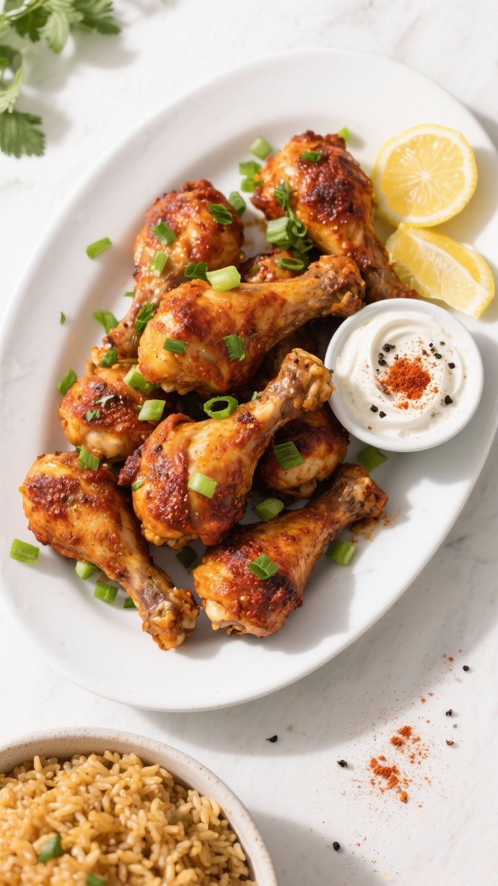 Tasty top-view shot: Overhead platter of finished Air Fryer Cajun Chicken Drumsticks piled rusticall