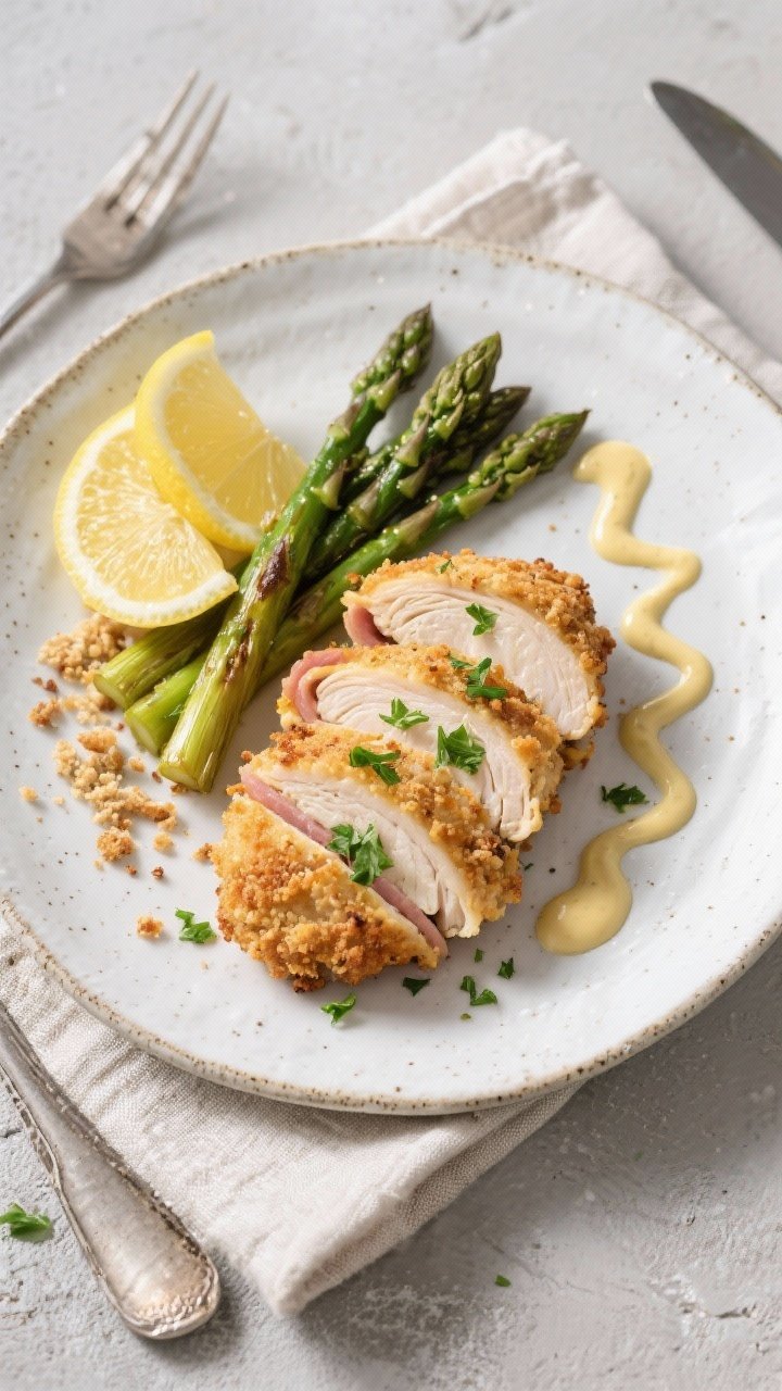 Tasty top-view shot: Overhead shot of two sliced chicken cordon bleu portions arranged in a fan on a