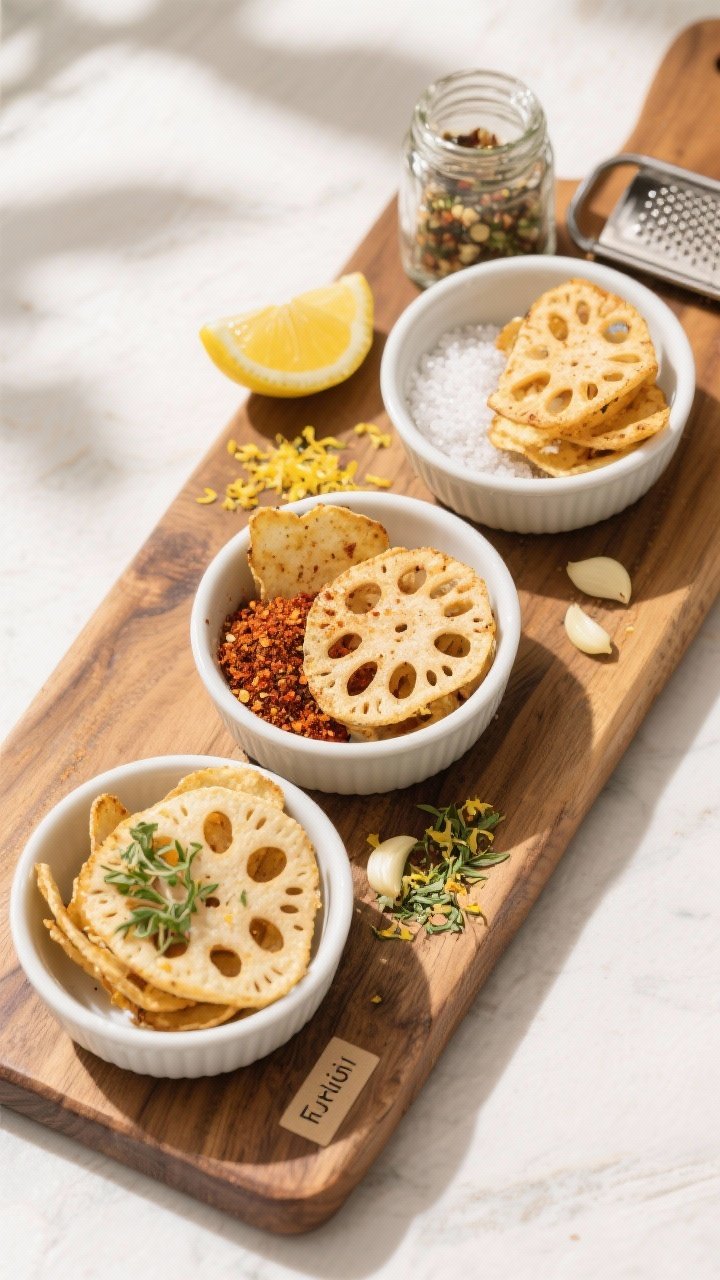 Tasty top view: Snack board-style overhead composition featuring three seasoning variations of lotus
