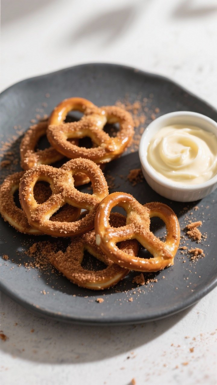 Tasty top view (sweet variation): Overhead shot of cinnamon-sugar pretzels, freshly tossed so the ci