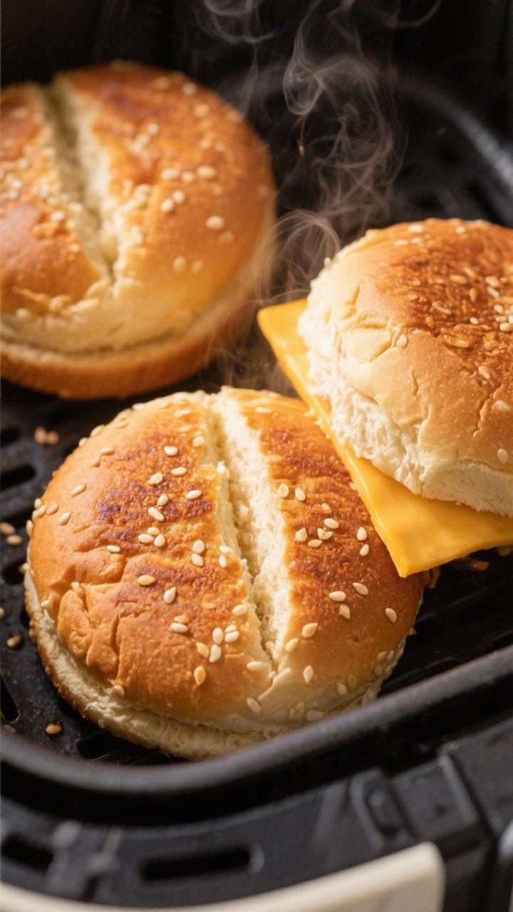 Tasty top view: Toasted burger buns in the air fryer for 1–2 minutes, golden and lightly crisp, cu