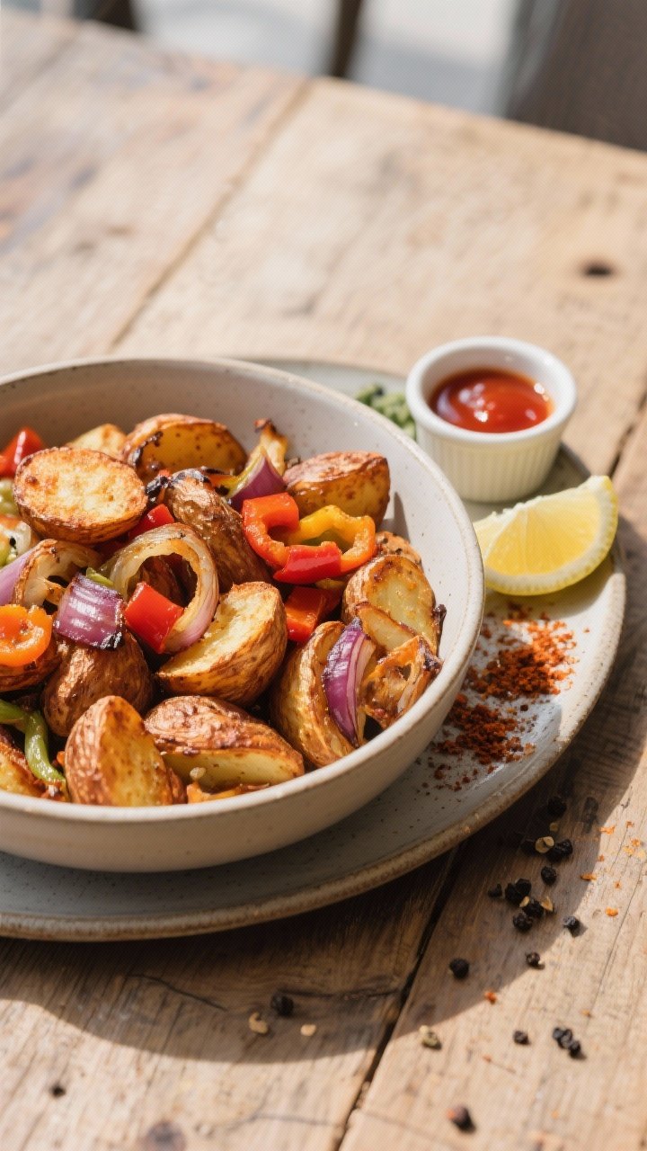 Tasty top view: Top-down brunch spread featuring a wide bowl of crispy paprika potatoes, evenly brow