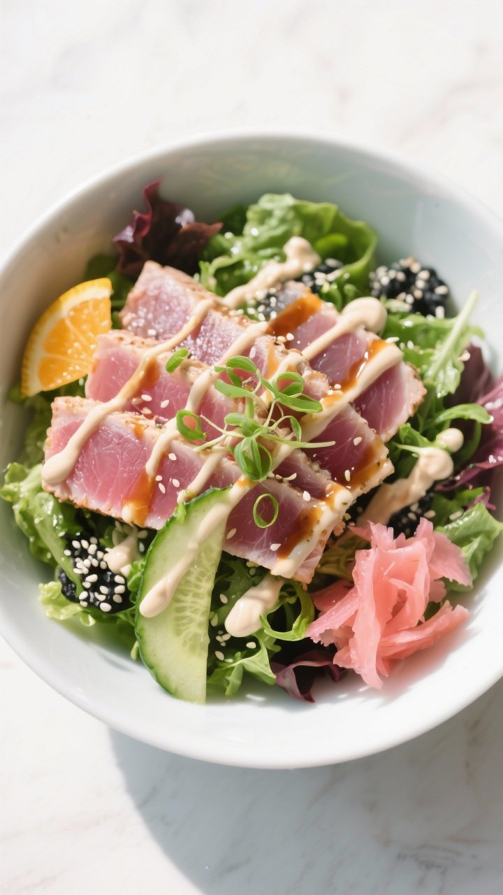 Tasty top view: Top-down composition of a vibrant bowl—mixed greens base with sliced tuna (rare ce