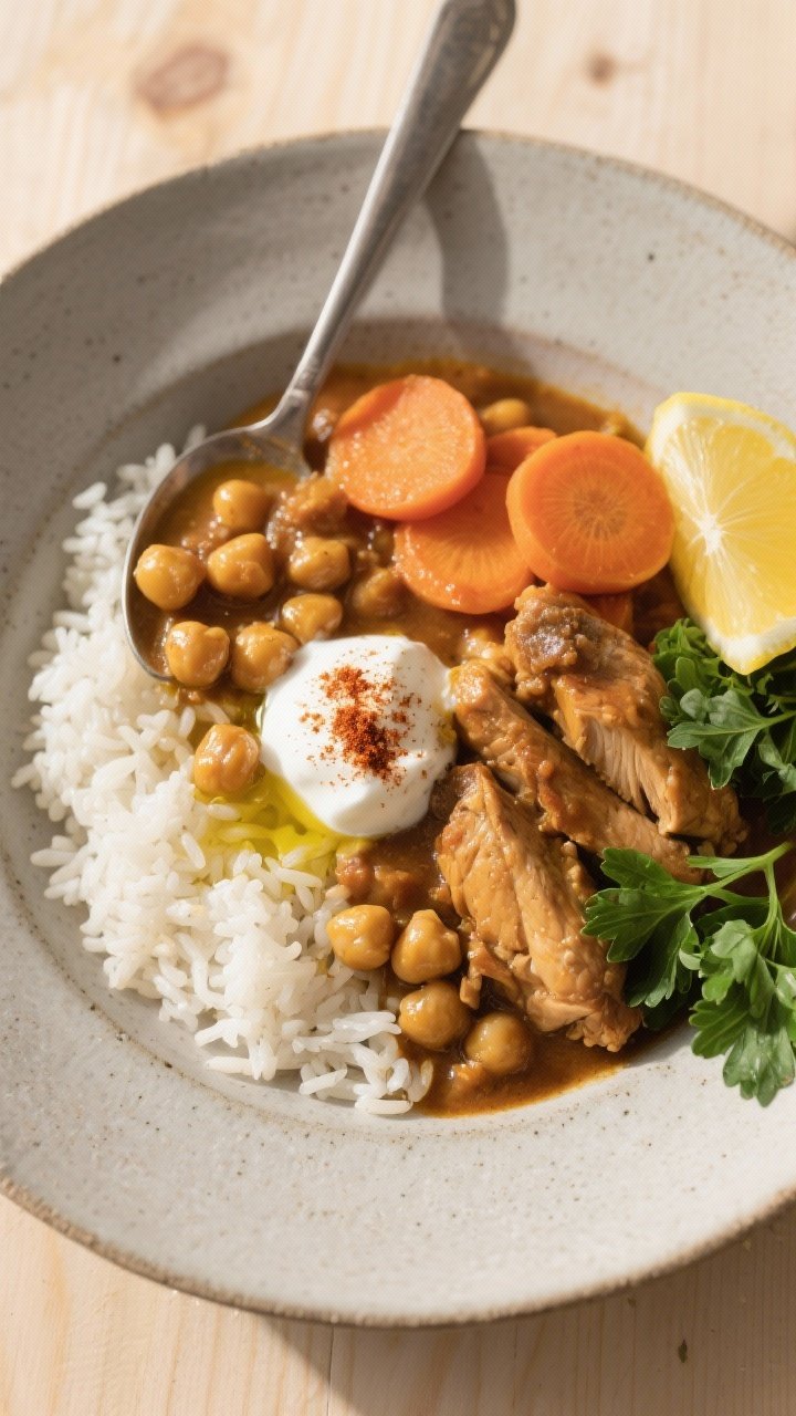 Tasty top view: Top-down grain bowl style—stew spooned over fluffy white rice; neat sections showc