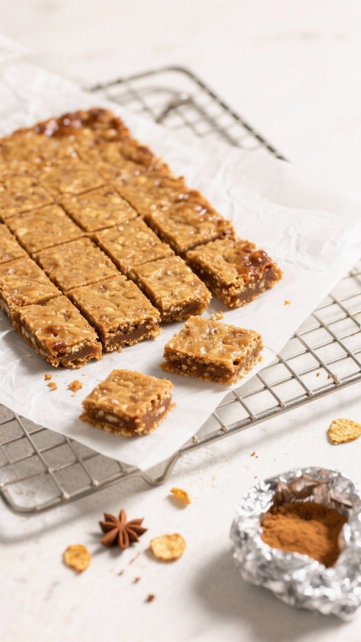 Tasty top view: Top-down image of a cooling rack holding the flapjack slab lifted on parchment, part