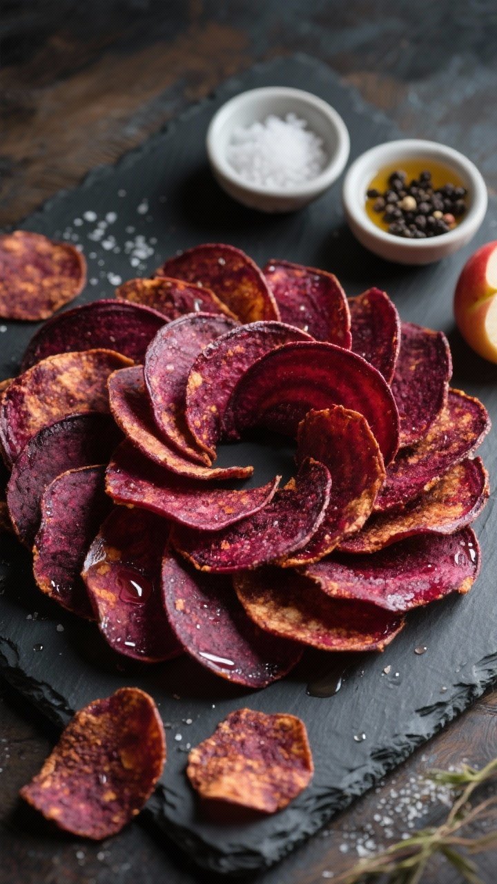 Tasty top view: Top-down image of beet chips arranged in a tidy spiral on a dark slate board, highli