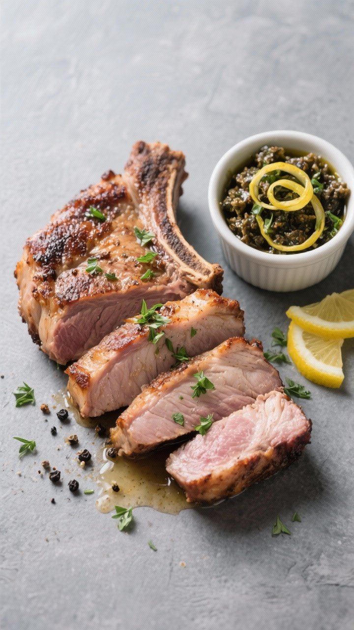 Tasty top view: Top-down shot of a sliced pork chop showing perfectly juicy interior (145°F donenes