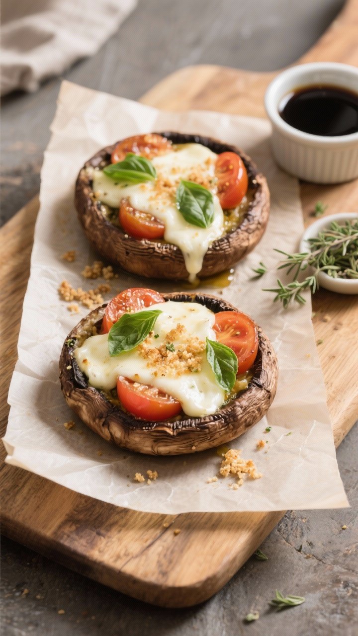 Tasty top view: Top-down shot of two stuffed portobello caps on a rustic wooden board lined with par