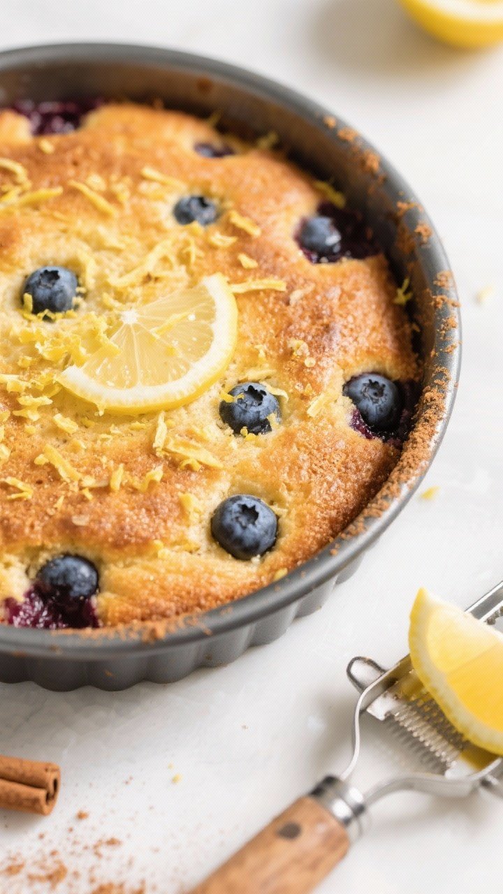 Tasty top view variation: Overhead shot of Lemon Blueberry version in a small cake pan, evenly baked