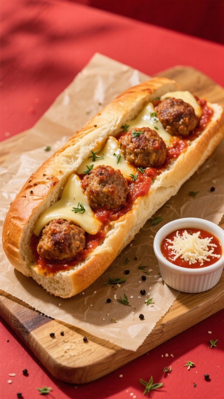 Tasty top view variation: Overhead sub sandwich stuffed with sliced air-fried meatballs, marinara, a