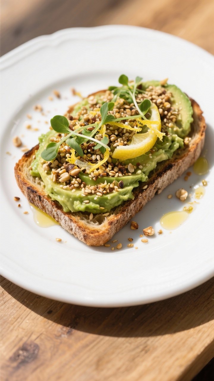 Tasty top view: Vibrant overhead shot of avocado toast topped with a thick sprinkle of dukkah and a