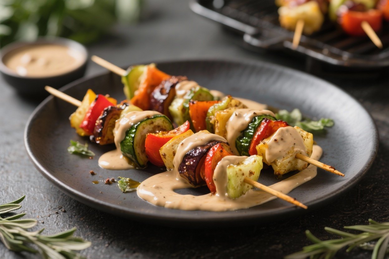 Colorful air fryer vegetable kebabs on skewers ready to serve