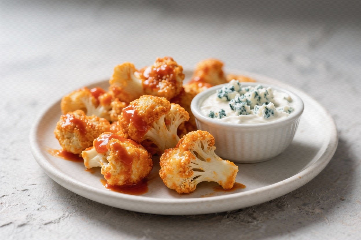 Buffalo cauliflower bites that mirror buffalo chicken wing flavors