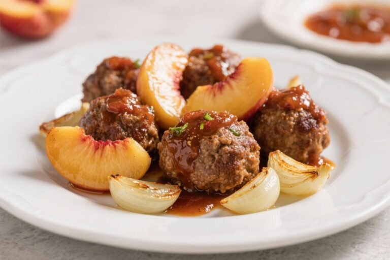 Air Fryer Chutney Meatballs With Peaches and Roasted Baby Onions – Sweet, Savory, and Weeknight Easy