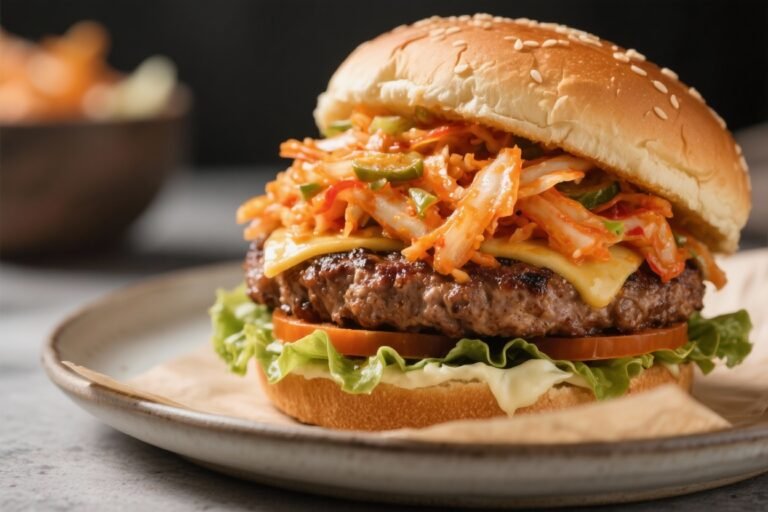 Air Fryer Loaded Korean Burger With Kimchi Slaw – Crispy, Juicy, and Bold