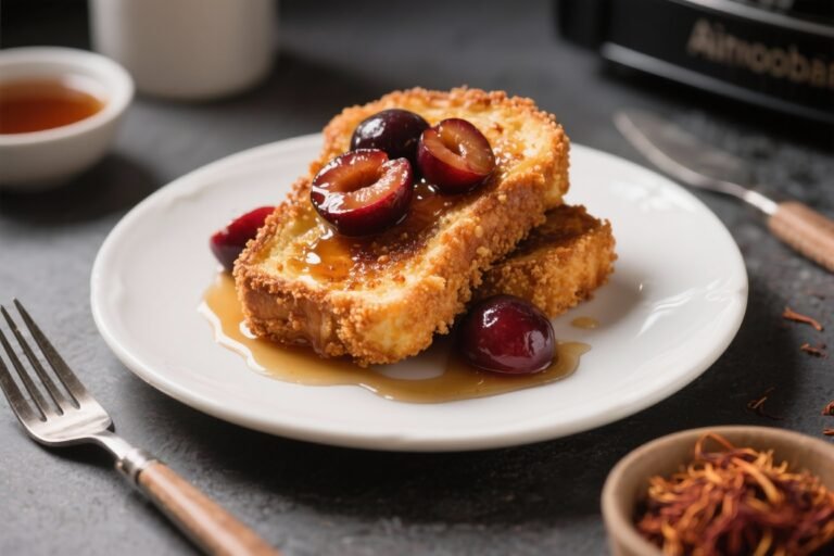 Air Fryer Crumbed French Toast With Stewed Plums and Rooibos Syrup – Crispy, Cozy, and Easy