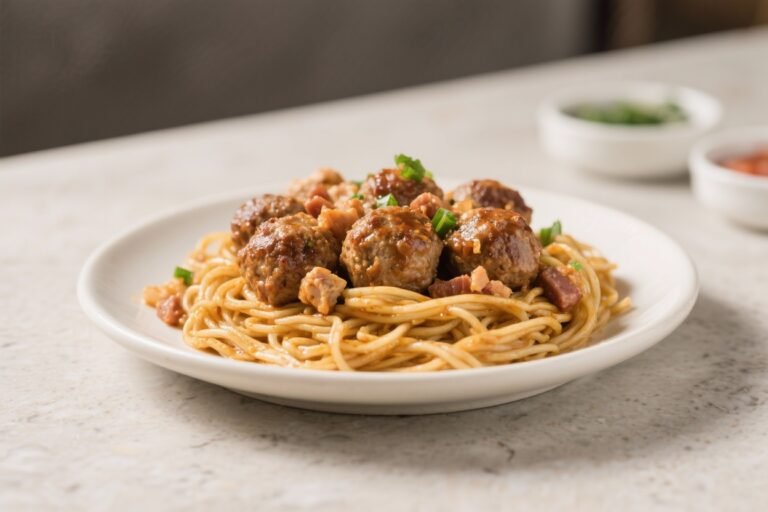 Air Fryer Chicken and Pork Meatballs on Noodles – Weeknight Comfort With Crisp, Juicy Flavor