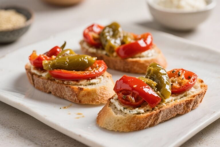 Air Fryer Pickled Roast Peppers on Bruschetta – A Bright, Crunchy Appetizer