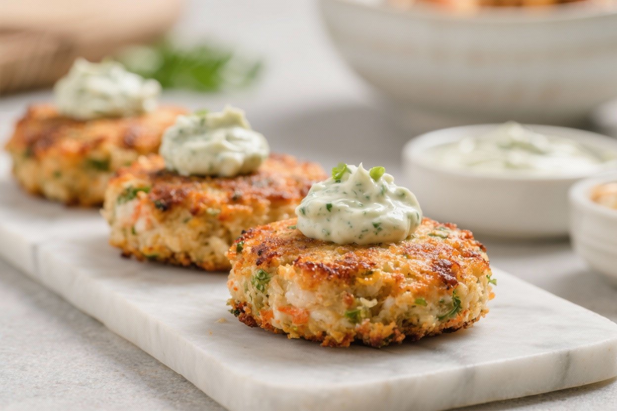 Air fryer crab cakes with remoulade on plate