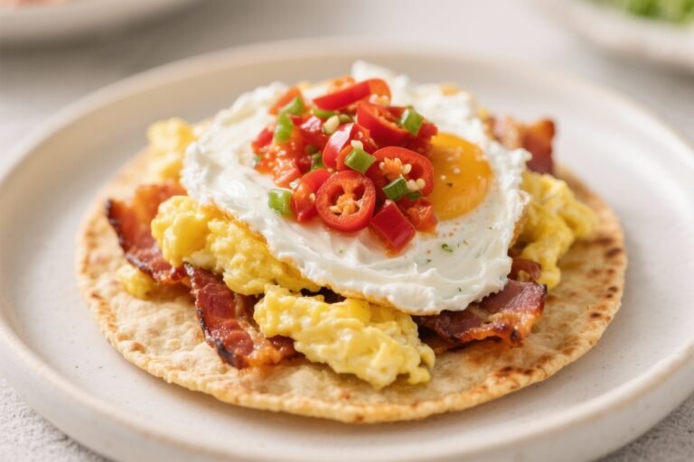 Air Fryer Breakfast Tostadas With Cream Cheese, Scrambled Egg, Bacon and Sweet Chilli Salsa – Crisp, Creamy, and Ready Fast