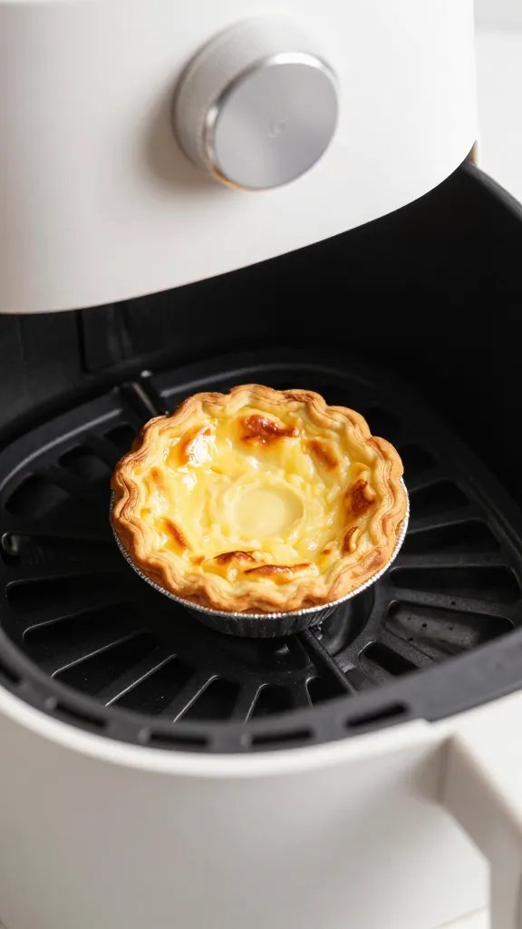 closeup of air fryer basket with one mini quiche