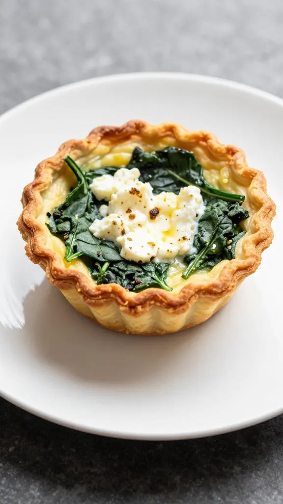 single spinach-and-feta mini quiche on white saucer