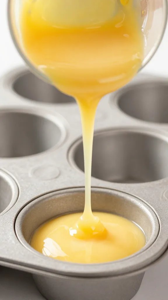 whisk dripping egg mixture into one muffin well