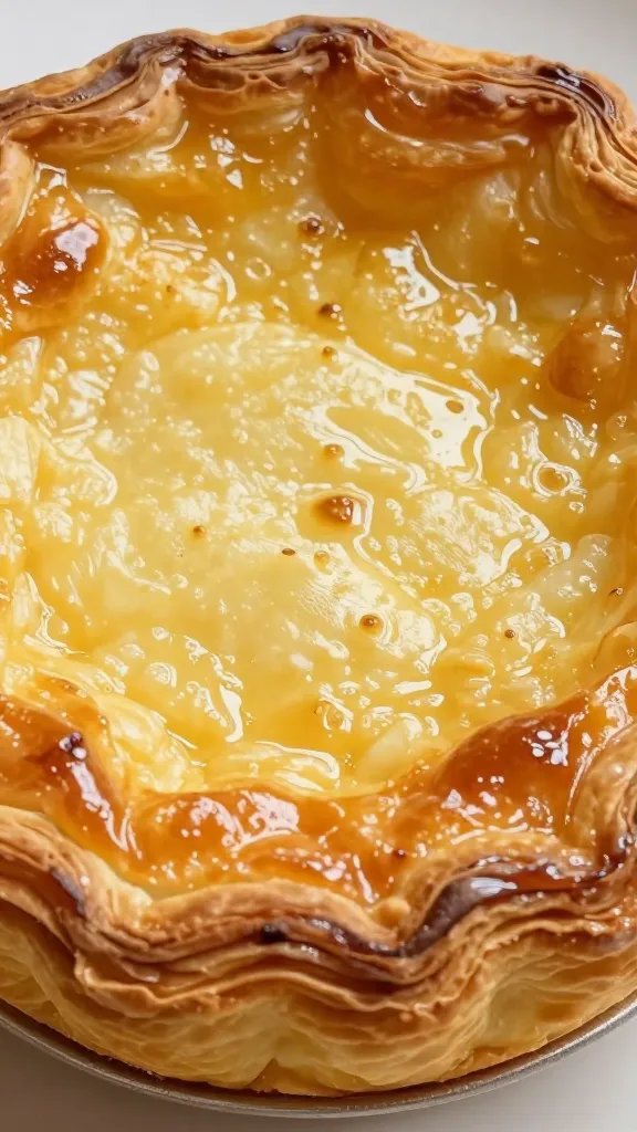 closeup of puffed quiche top, browned and glossy