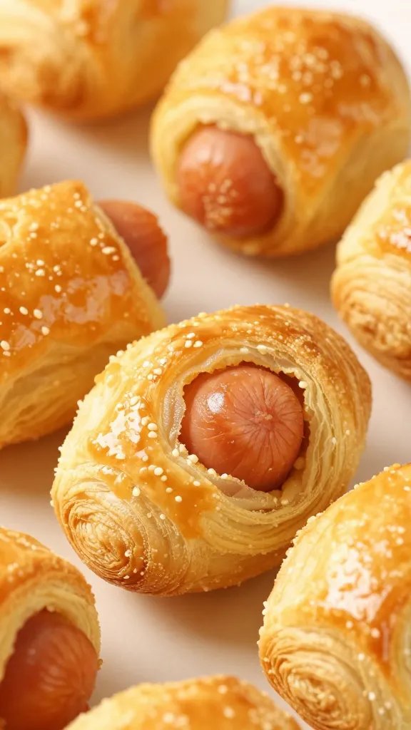 closeup of golden puff pastry-wrapped mini sausage