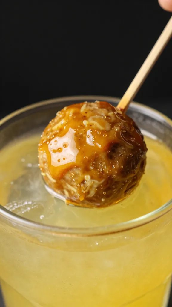 closeup of honey mustard glazed meatball on cocktail pick