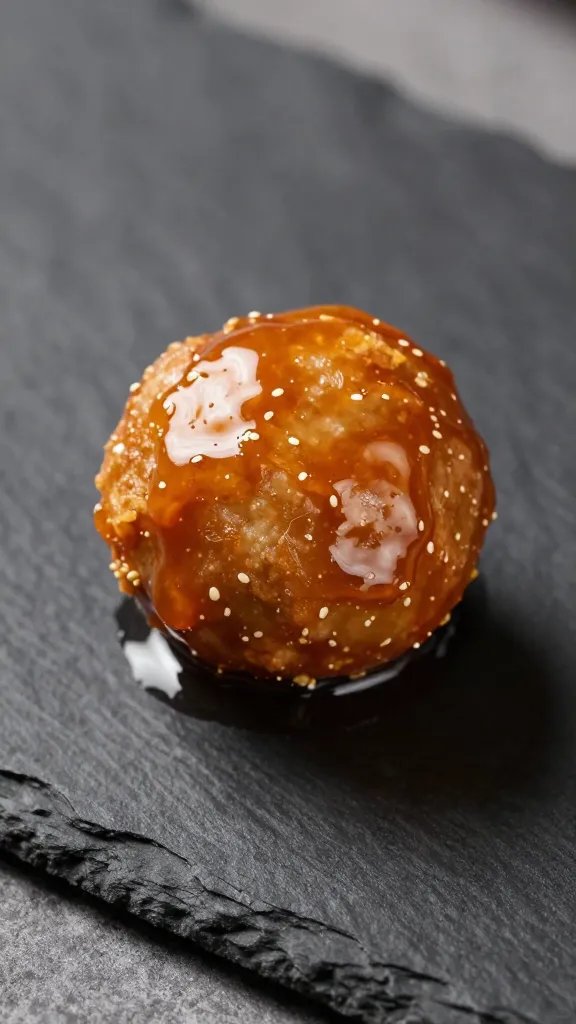 single air-fried meatball with glossy glaze on slate