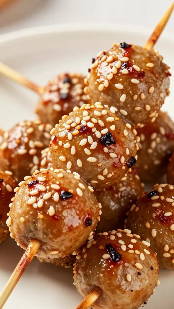 skewered meatball with sesame seeds, tight macro shot
