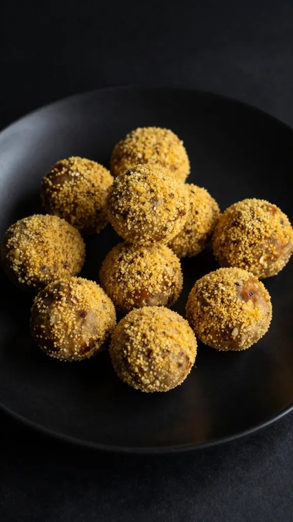 golden crusted meatball on matte black plate