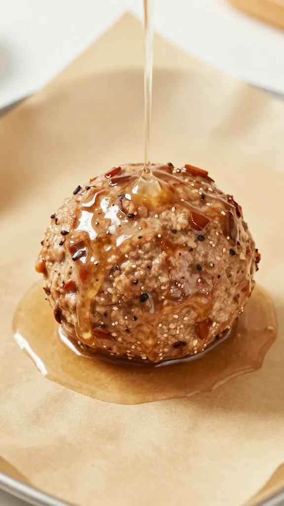 single meatball on parchment, glaze dripping