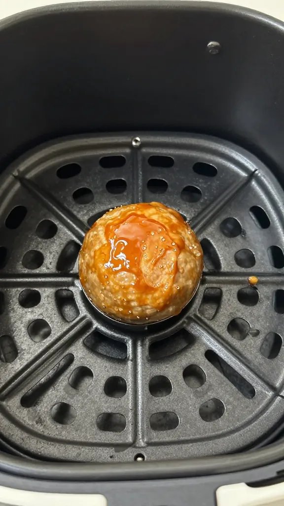 air fryer basket holding one shiny glazed meatball