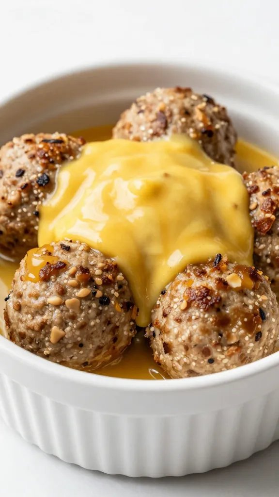 meatball resting in ramekin of honey mustard glaze