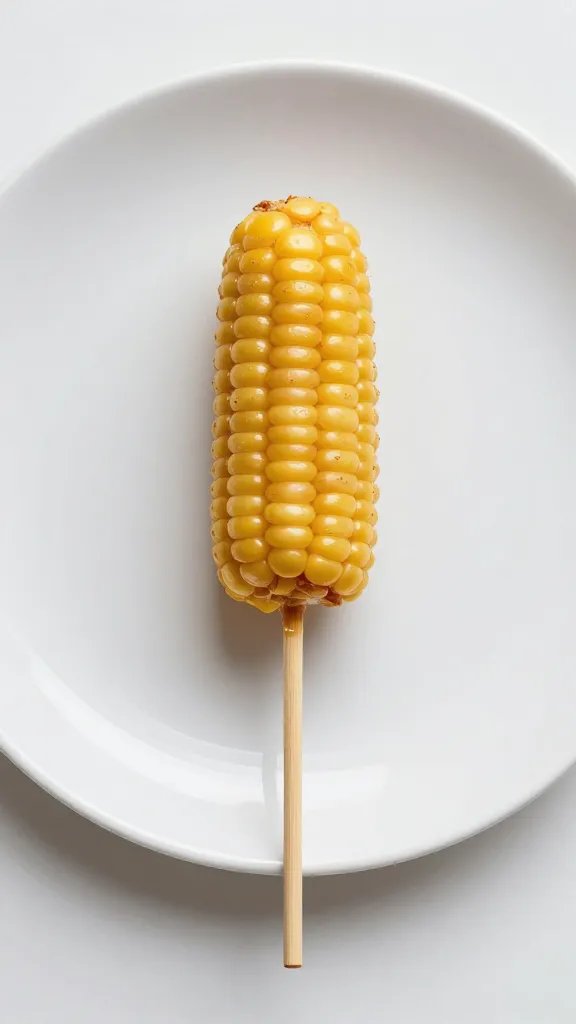 single mini corn dog on matte white plate