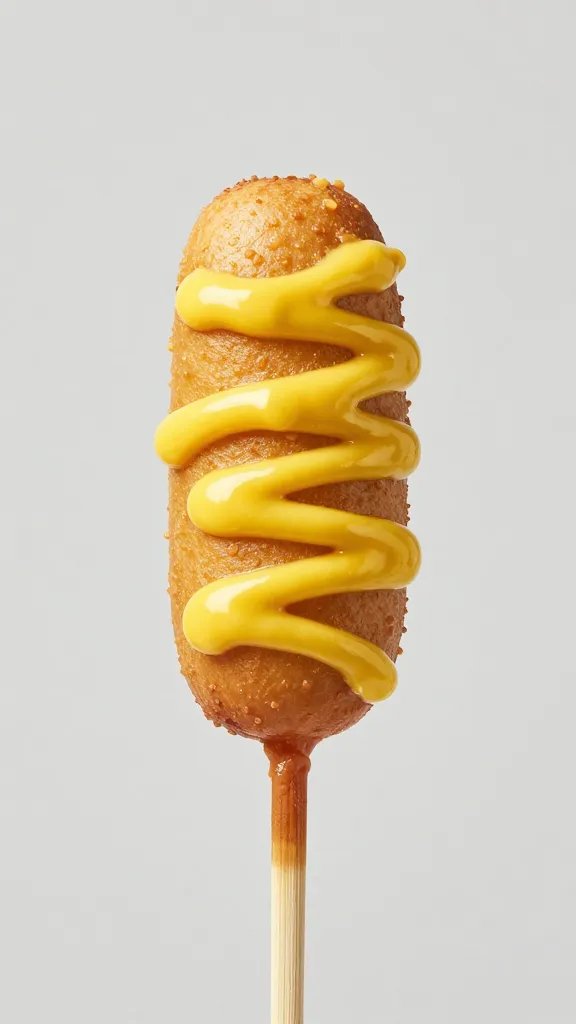 mini corn dog dipped in yellow mustard, drip visible