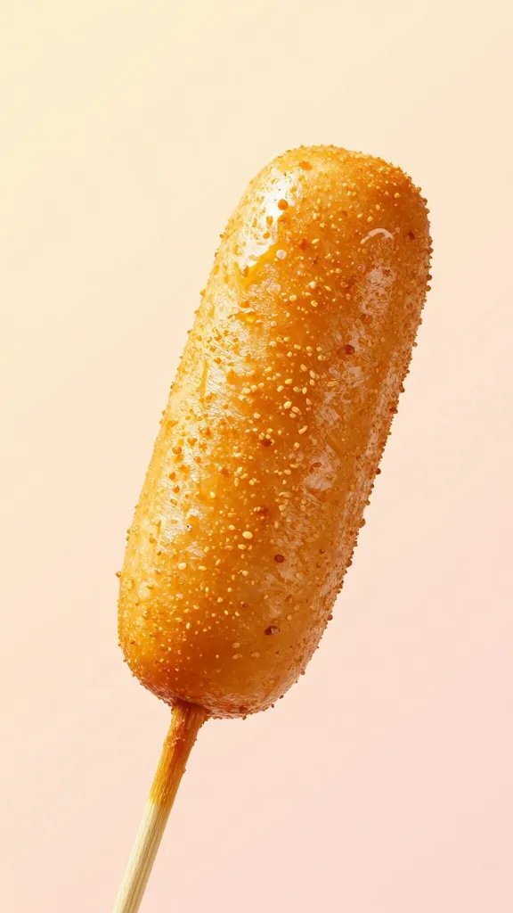 skewered mini corn dog against soft pastel backdrop