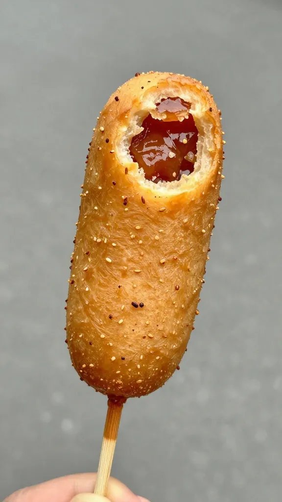 bitten mini corn dog showing juicy interior