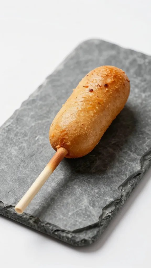mini corn dog on marble slab, studio lighting
