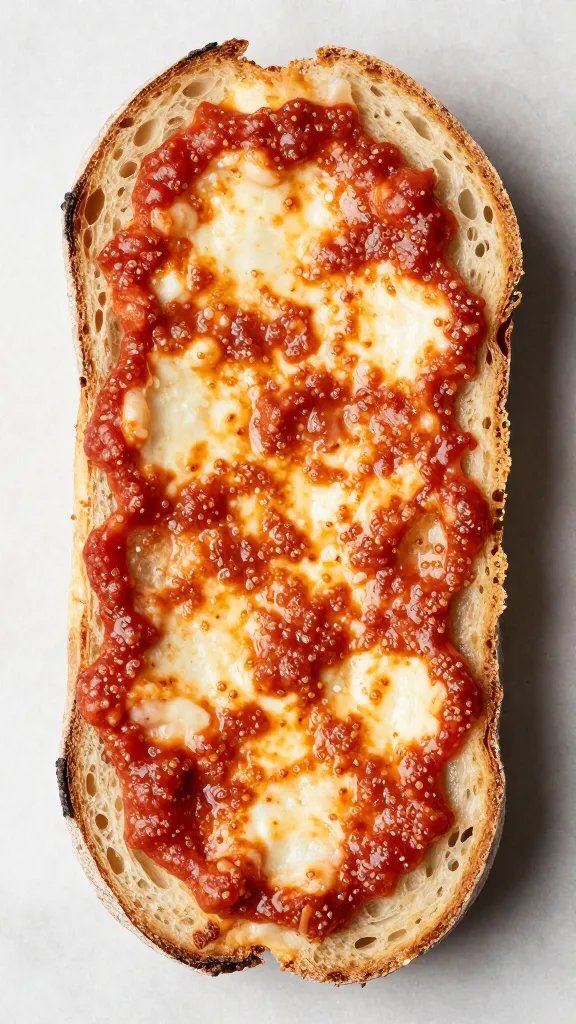 thick-sliced sourdough with pizza sauce, overhead