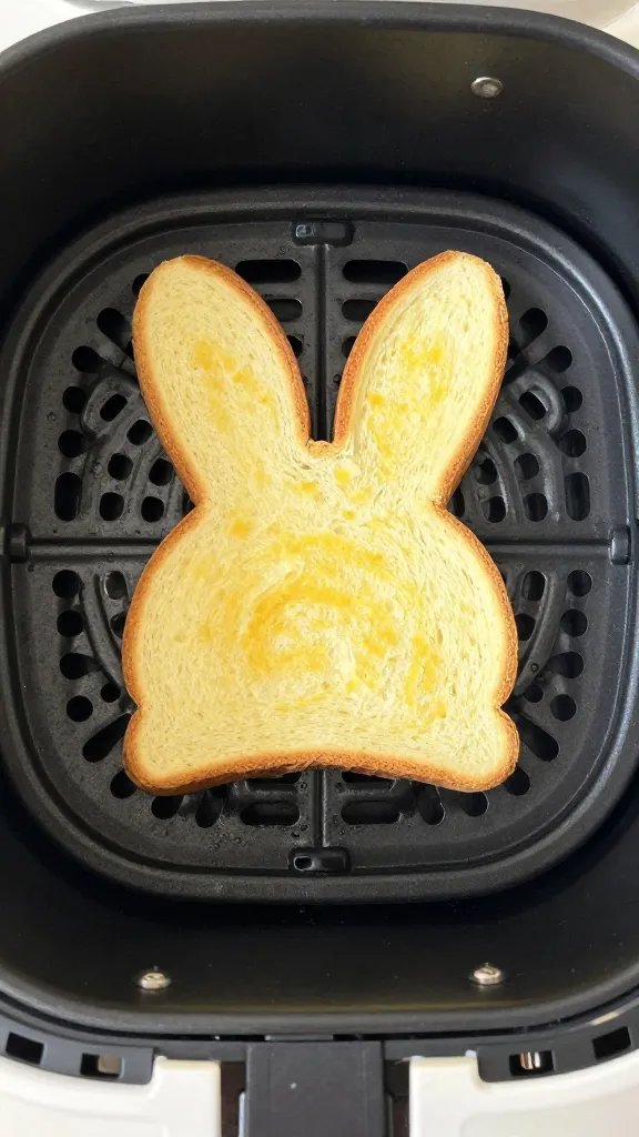 air fryer basket with single bunny toast, top-down