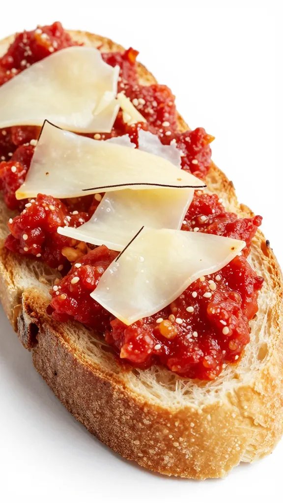 marinara-spread bread slice with cheese outline, closeup