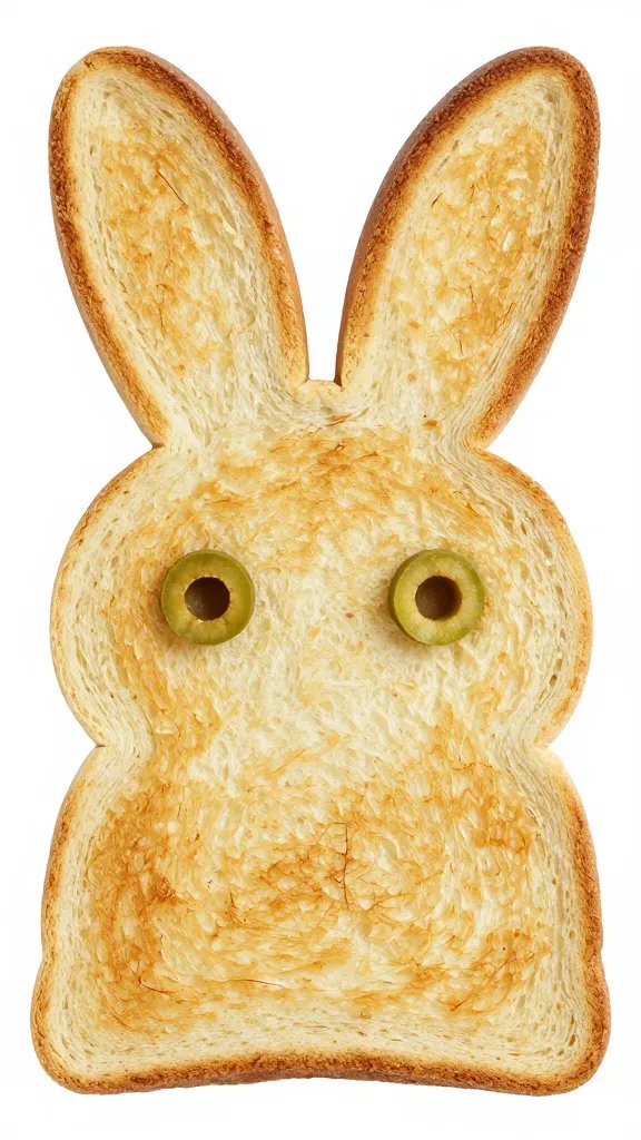 toasted wheat bread bunny with olive eyes, closeup